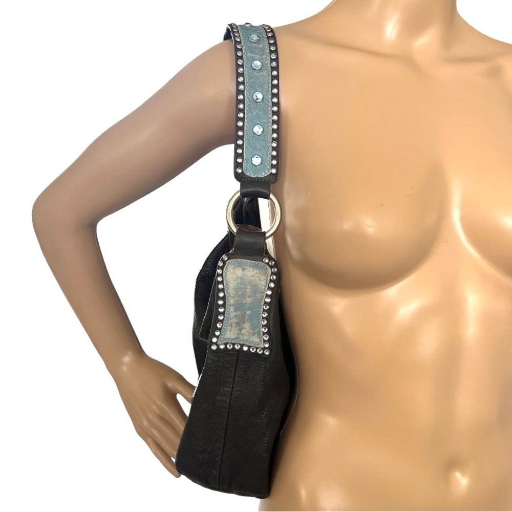 Vintage Leather Chocolate Brown Black Shoulder Bag Studded Rhinestone Strap